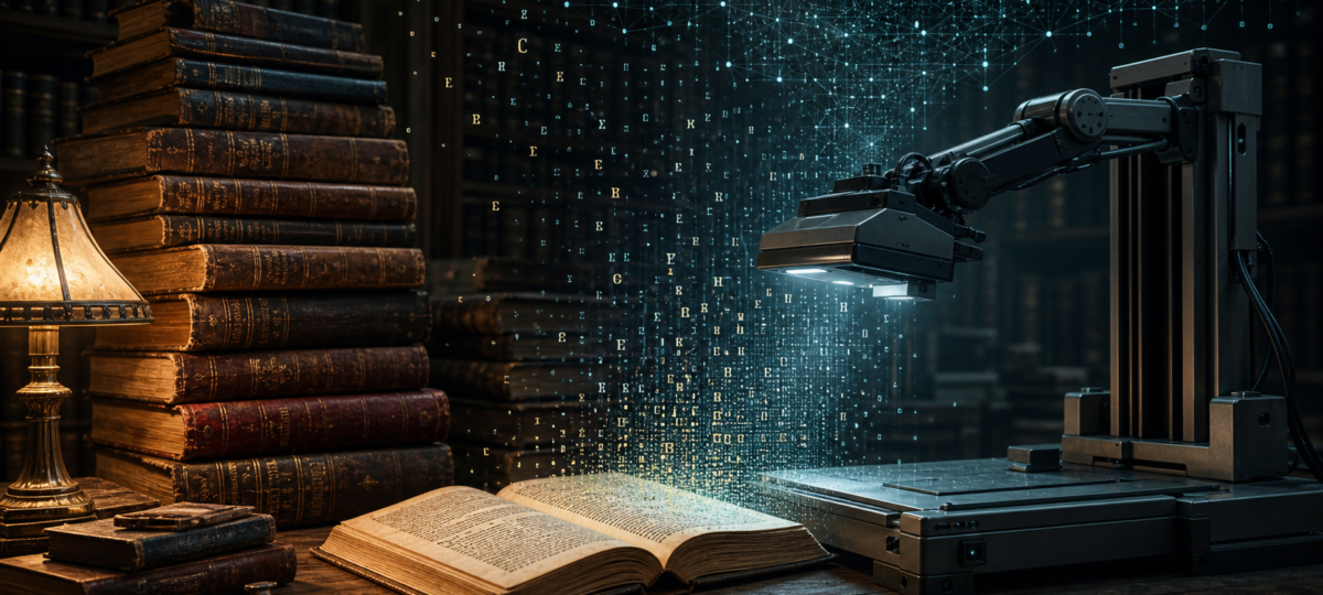 An AI scanning machine extracts glowing data from an open old book beside a stack of human-authored books