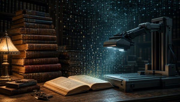An AI scanning machine extracts glowing data from an open old book beside a stack of human-authored books