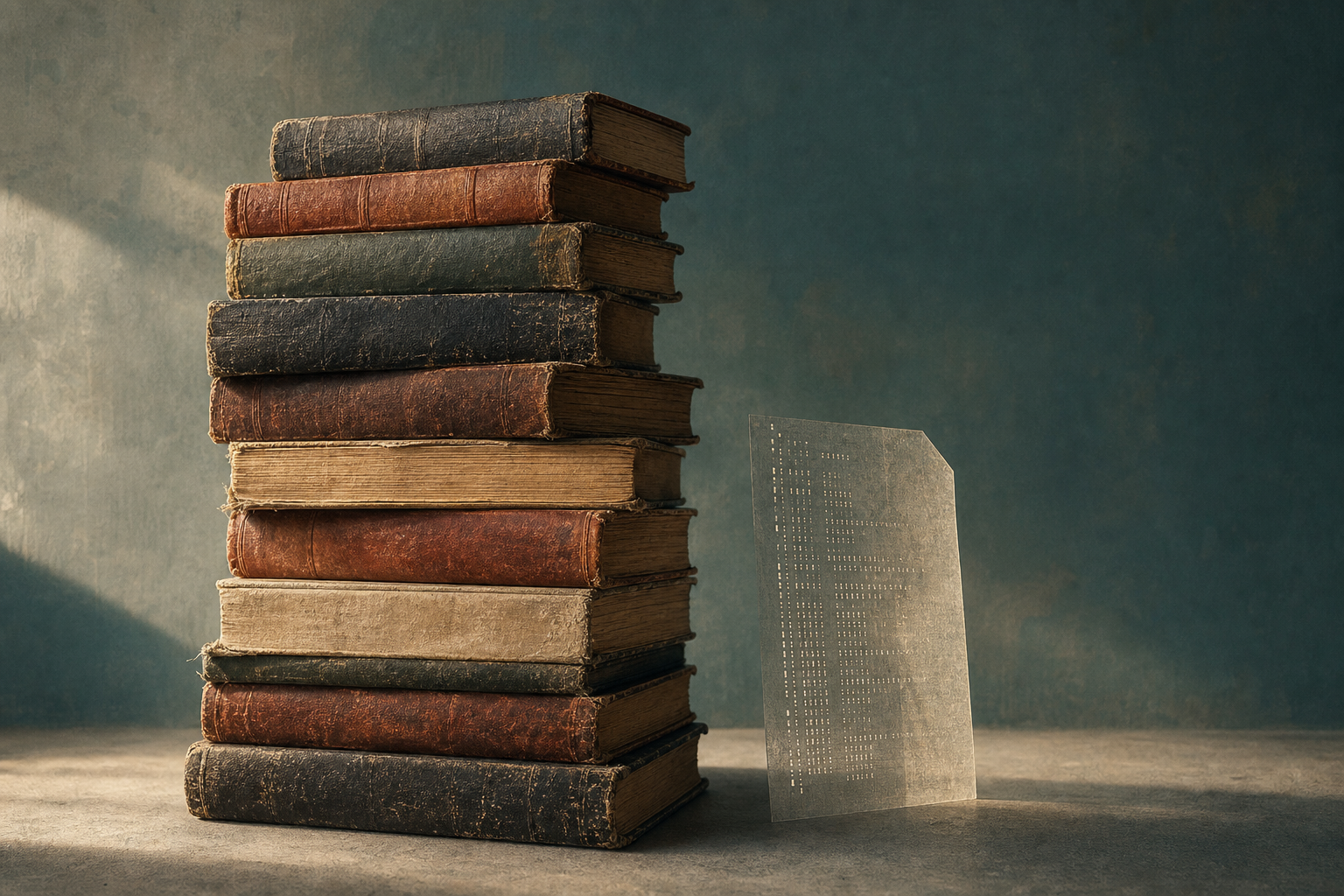 A stack of worn old books beside a translucent sheet representing machine-readable data