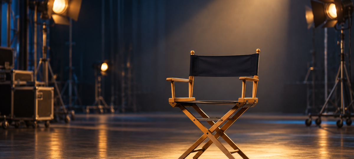 Respectful editorial illustration of an empty director’s chair on a softly lit studio stage