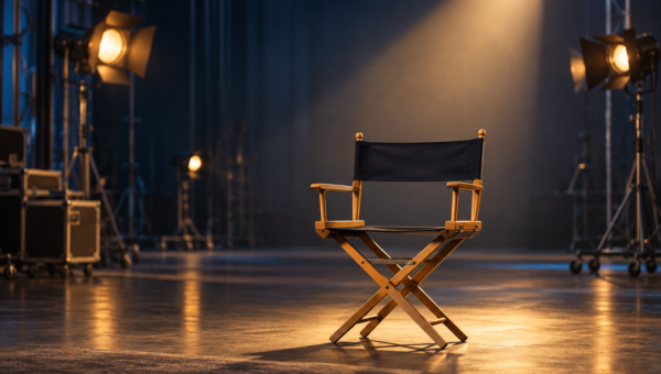 Respectful editorial illustration of an empty director’s chair on a softly lit studio stage