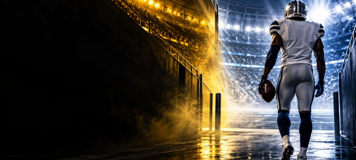 Editorial illustration for the Joey Porter Jr. trade story, showing an NFL cornerback entering a stadium
