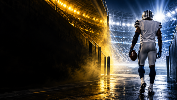 Editorial illustration for the Joey Porter Jr. trade story, showing an NFL cornerback entering a stadium