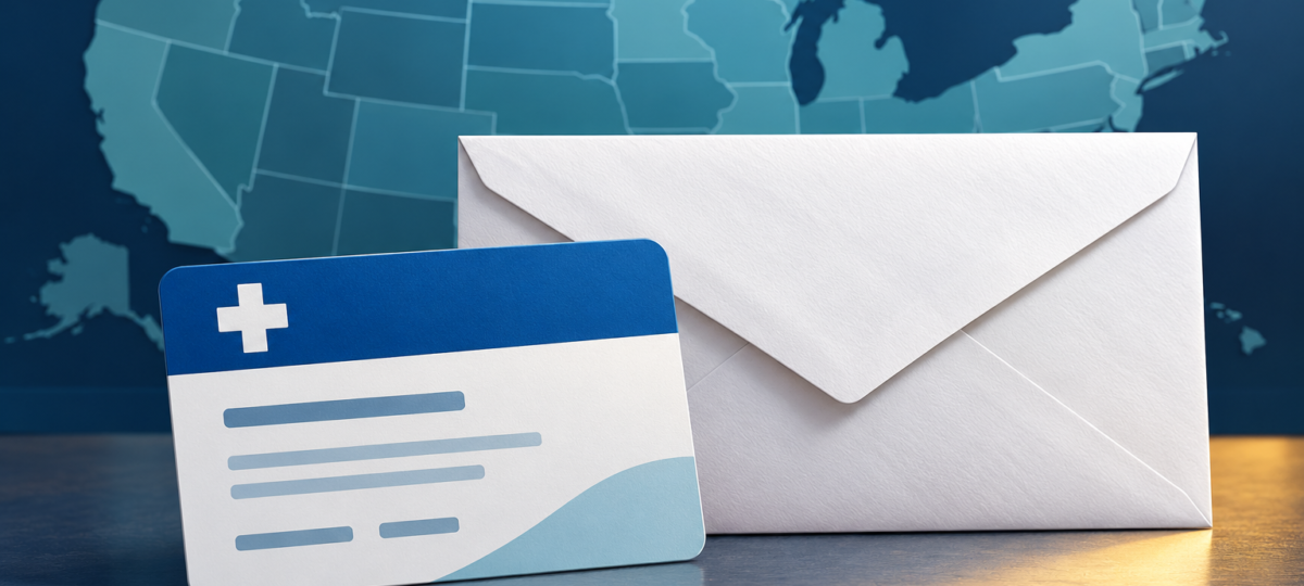 Editorial illustration for Trump ACA refund checks: health insurance card and envelope over a U.S. map