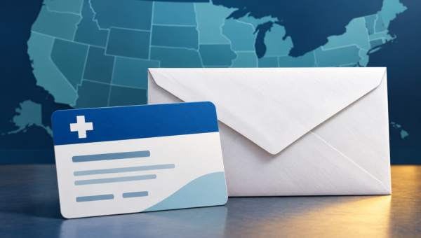 Editorial illustration for Trump ACA refund checks: health insurance card and envelope over a U.S. map