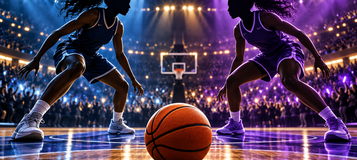 Valkyries vs Wings playoff matchup illustration in a basketball arena