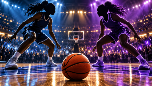 Valkyries vs Wings playoff matchup illustration in a basketball arena
